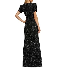 Gathered Short Sleeve Beaded Gown