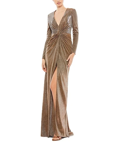 Mac Duggal Front Twist V Neck Long Sleeve Gown