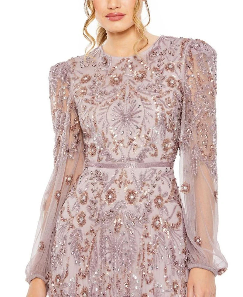 Puff Sleeve Embellished A Line Gown