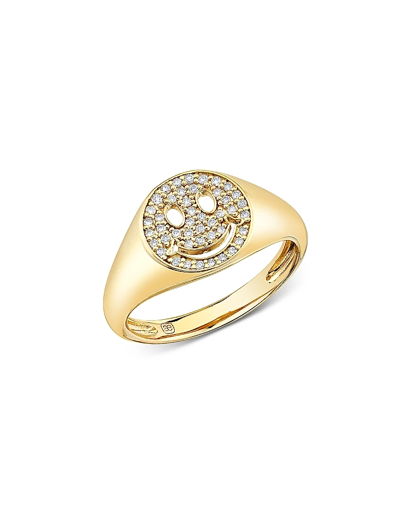 Sydney Evan 14K Yellow Gold Diamond Happy Face Signet Ring