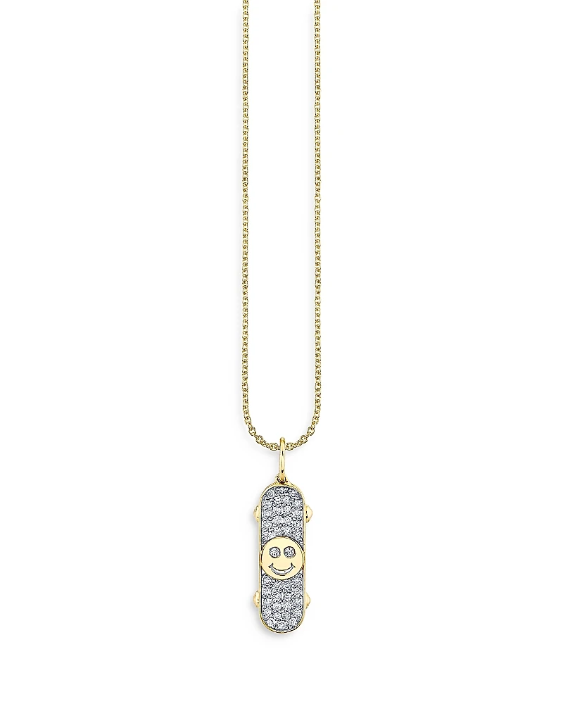 Sydney Evan 14K Yellow Gold Diamond Happy Face Skateboard Pendant Necklace, 18