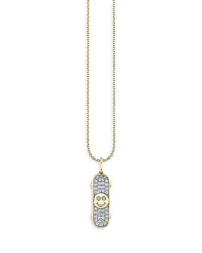 Sydney Evan 14K Yellow Gold Diamond Happy Face Skateboard Pendant Necklace, 18