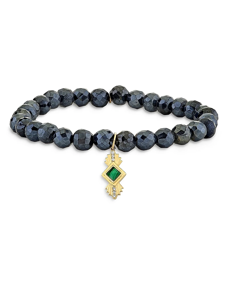 Sydney Evan Wicked x Sydney Evan 14K Yellow Gold Malachite & Diamond Art Deco Charm Stretch Bracelet