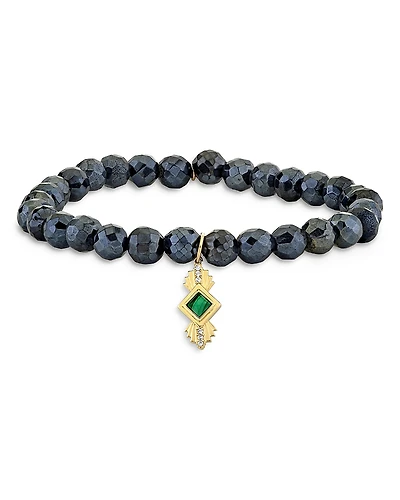 Sydney Evan Wicked x Sydney Evan 14K Yellow Gold Malachite & Diamond Art Deco Charm Stretch Bracelet