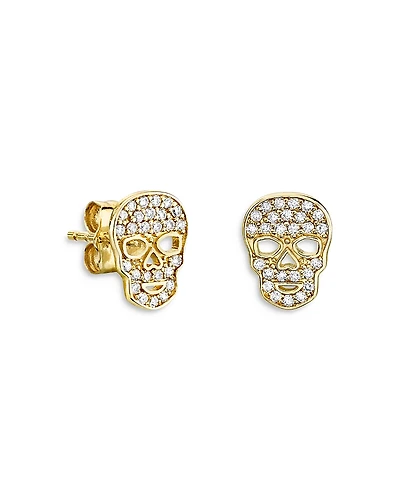 Sydney Evan 14k Yellow Gold Diamond Skull Stud Earrings