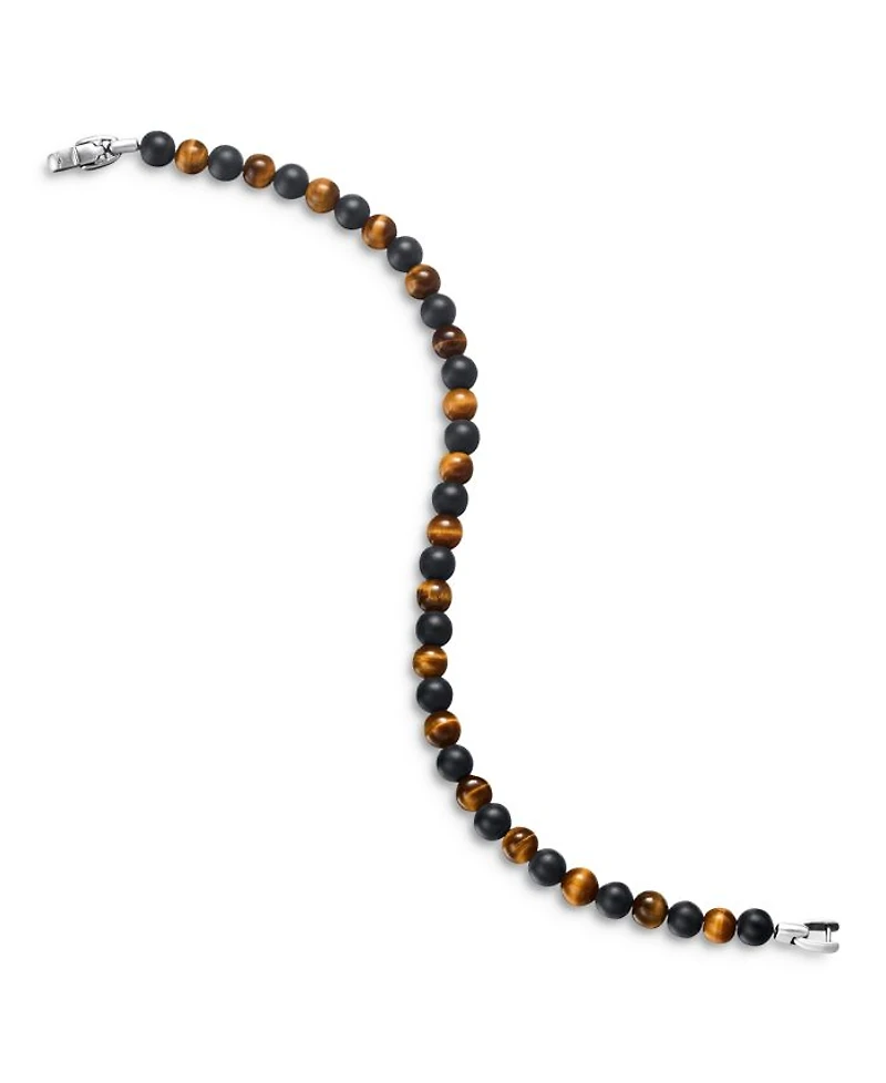 Men's Spiritual Beads Alternating Bracelet in Sterling Silver with Black Onyx and Tigers Eye, 6mm