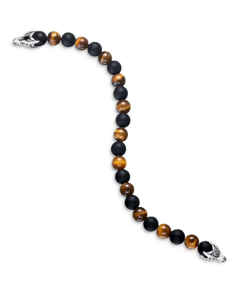 Men's Spiritual Beads Alternating Bracelet in Sterling Silver with Tigers Eye and Black Onyx, 8mm