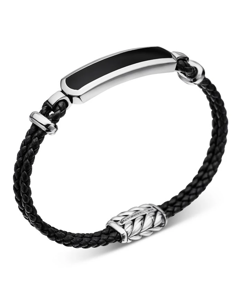 Men's Exotic Stone Station Black Leather Bracelet with Onyx