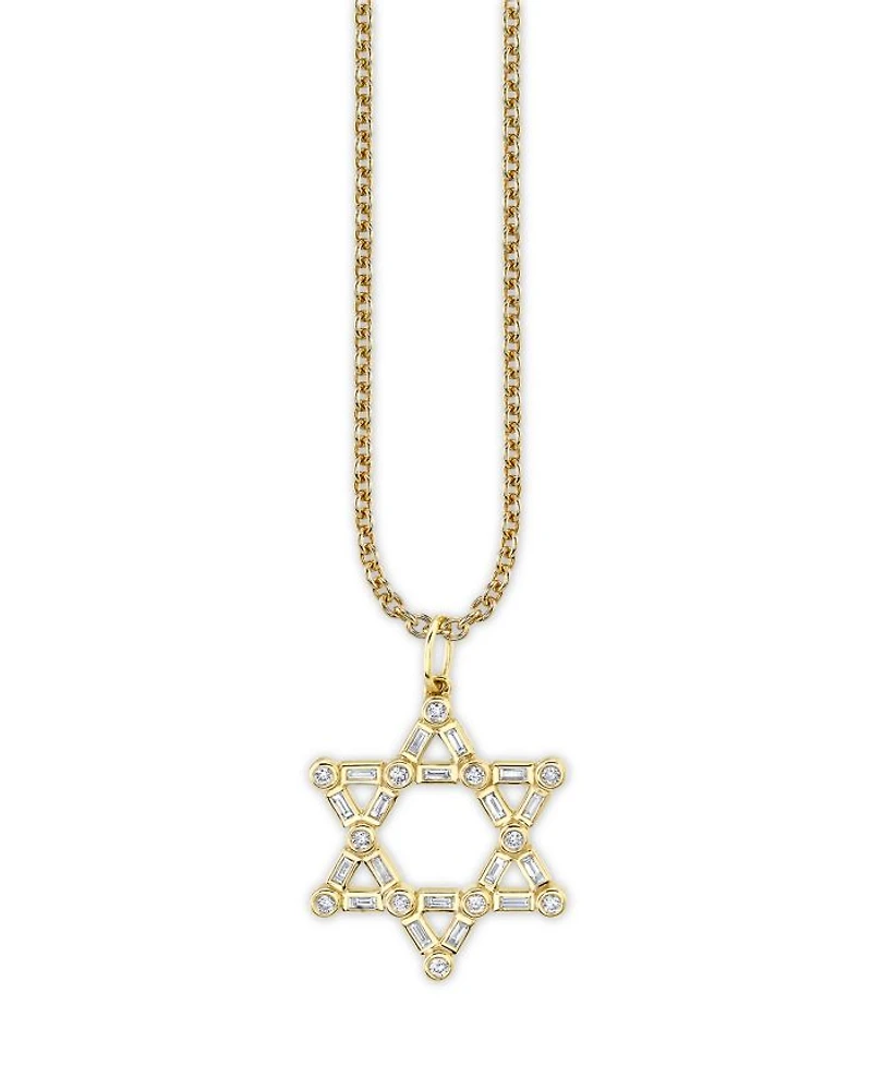 14K Yellow Gold Baguette & Round Diamond Bezel Star of David Charm Necklace, 0.26 tcw
