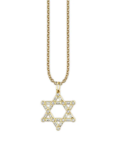 14K Yellow Gold Baguette & Round Diamond Bezel Star of David Charm Necklace, 0.26 tcw