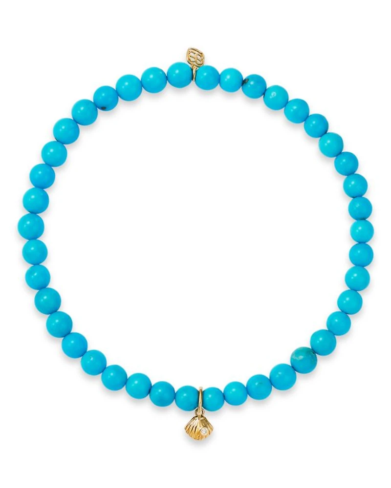 14K Yellow Gold Turquoise & Diamond Accent Tiny Clam Shell Stretch Bracelet