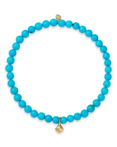 14K Yellow Gold Turquoise & Diamond Accent Tiny Clam Shell Stretch Bracelet