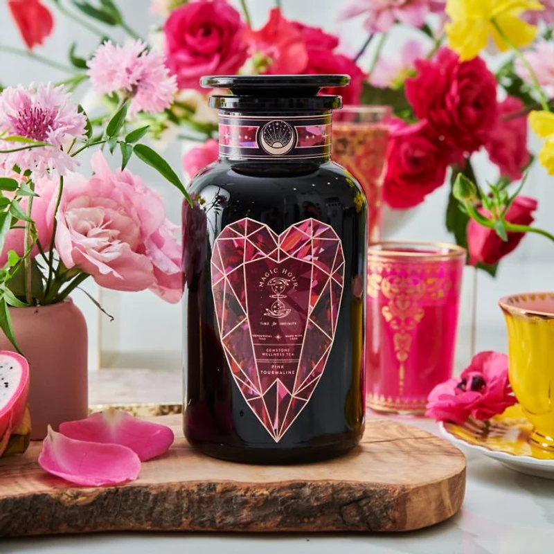 Pink Tourmaline Organic Dragon Fruit Hibiscus White Tea for Women's Health in Violet Glass Apothecary Jar, 6 oz.