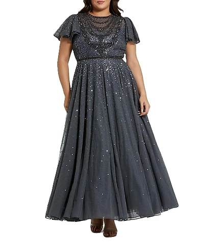 Mac Duggal Plus Sheer Flutter Sleeve Beaded Fluffy Net Gown