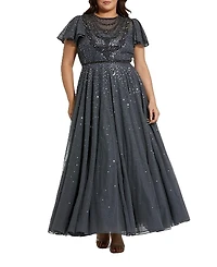 Mac Duggal Plus Sheer Flutter Sleeve Beaded Fluffy Net Gown