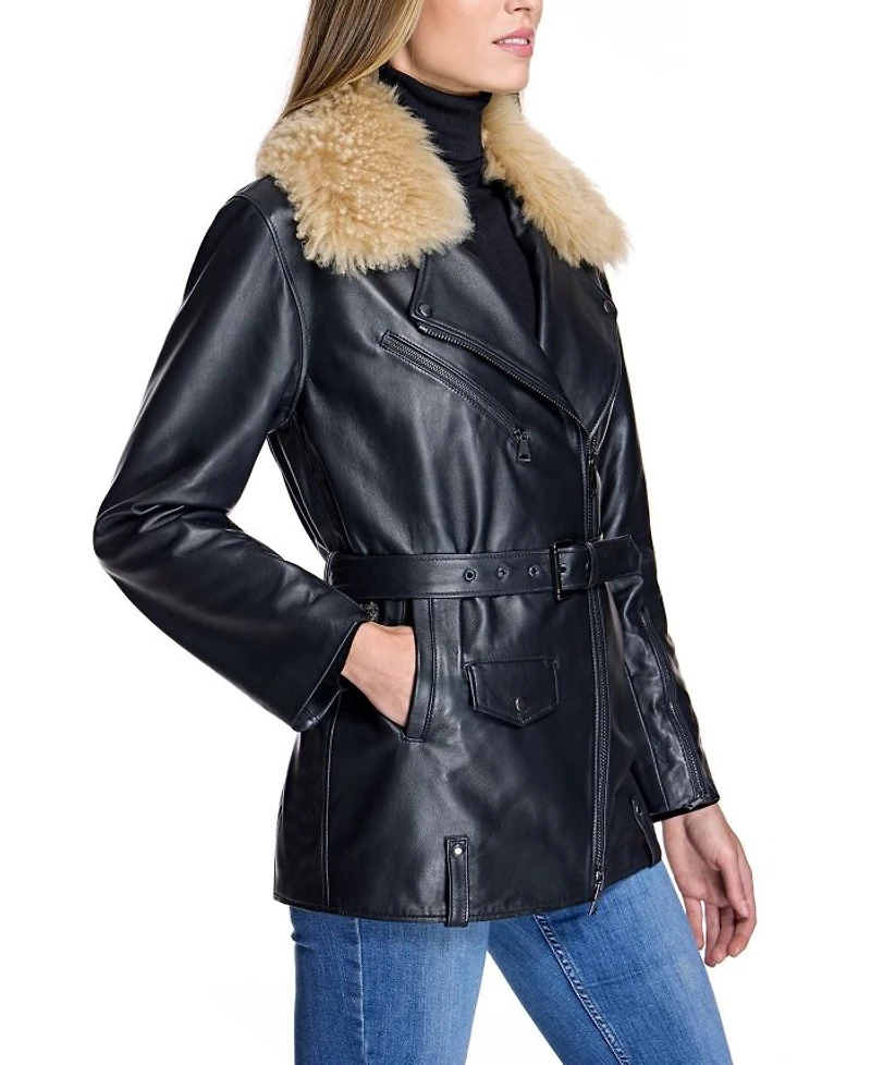 Leather Moto Jacket with Detachable Shearling Collar