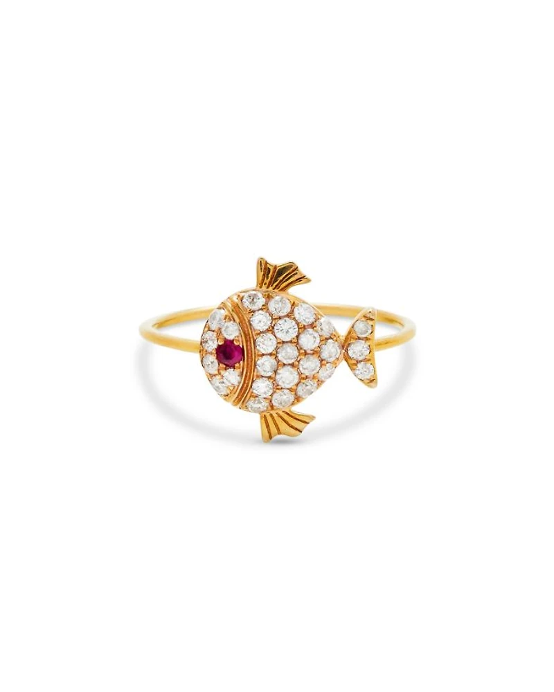 18K Yellow Gold Grey Diamond & Ruby Little Fish Ring