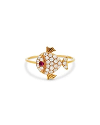 18K Yellow Gold Grey Diamond & Ruby Little Fish Ring