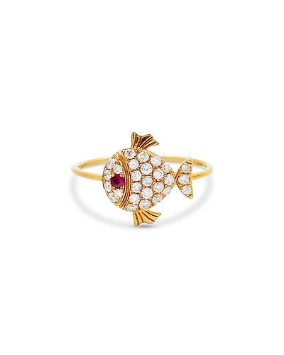 Yvonne Leon 18K Yellow Gold Grey Diamond & Ruby Little Fish Ring