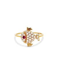 Yvonne Leon 18K Yellow Gold Grey Diamond & Ruby Little Fish Ring