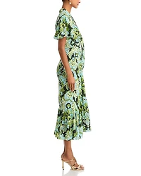 Damask Floral Tie Neck Ruched Midi Dress