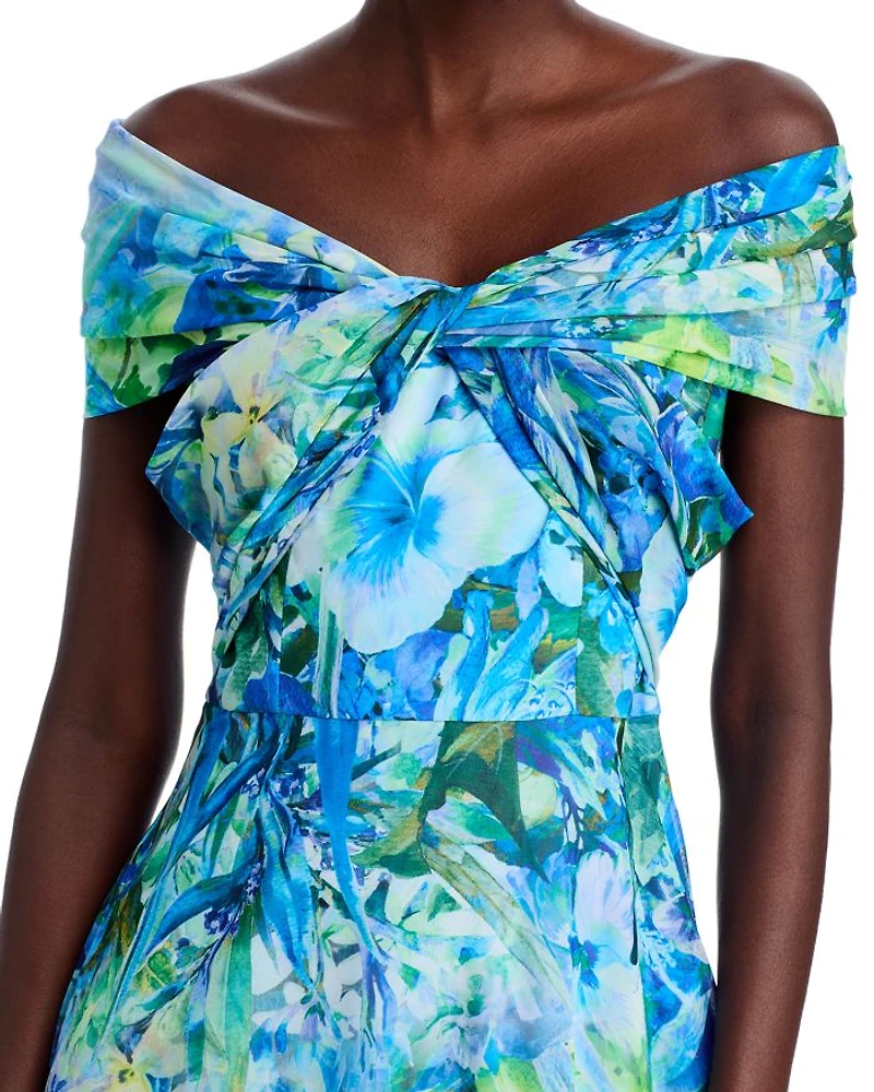 Chiffon Criss Cross Off-the-Shoulder Leaf Print Gown