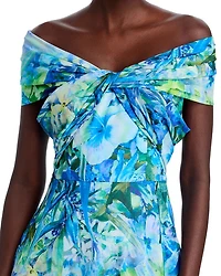 Chiffon Criss Cross Off-the-Shoulder Leaf Print Gown