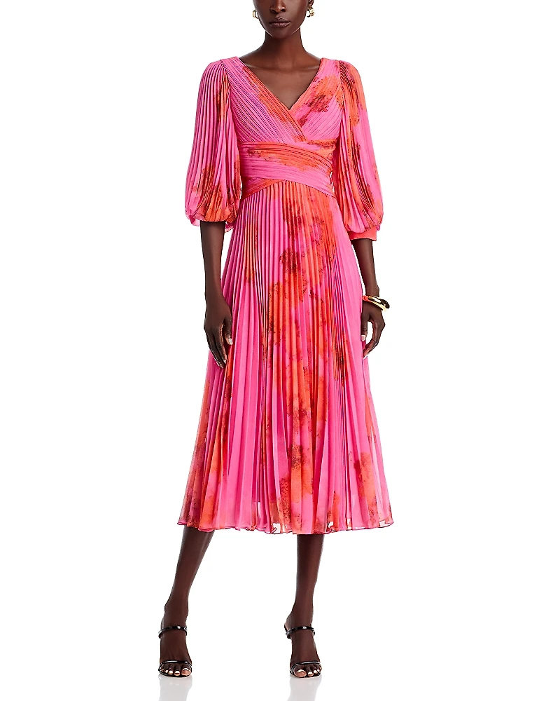 Teri Jon by Rickie Freeman Printed Chiffon Pleated Dress