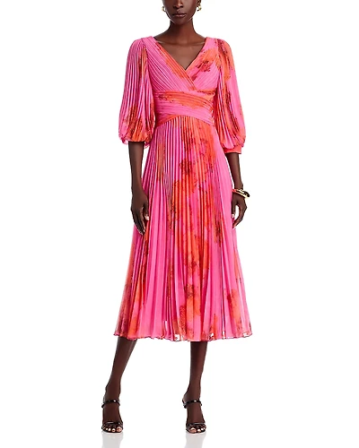 Teri Jon by Rickie Freeman Printed Chiffon Pleated Dress
