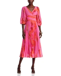 Teri Jon by Rickie Freeman Printed Chiffon Pleated Dress