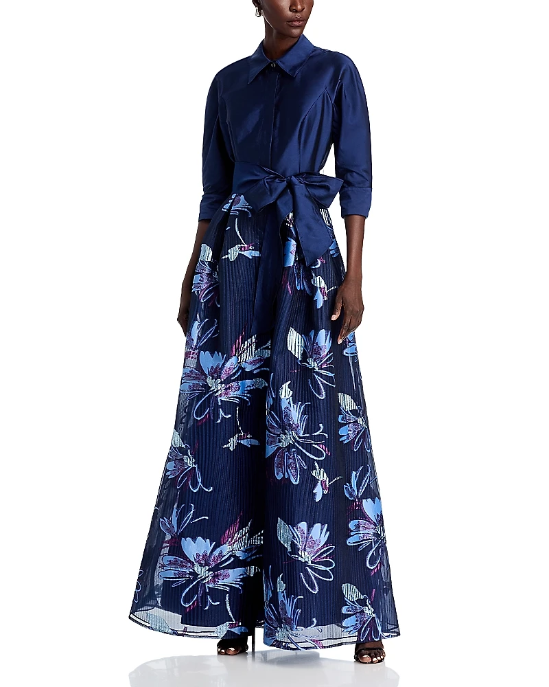 Teri Jon by Rickie Freeman Taffeta Floral Organza Shirt Dress Gown