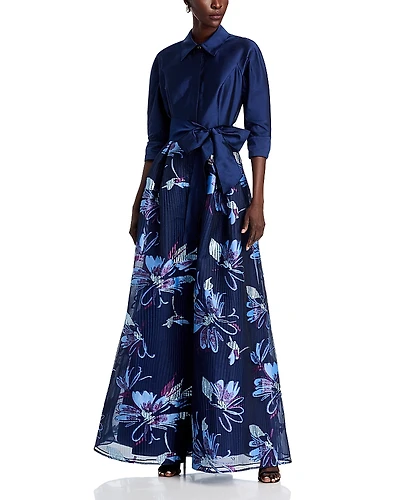 Teri Jon by Rickie Freeman Taffeta Floral Organza Shirt Dress Gown