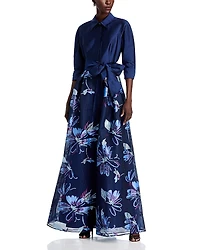 Teri Jon by Rickie Freeman Taffeta Floral Organza Shirt Dress Gown