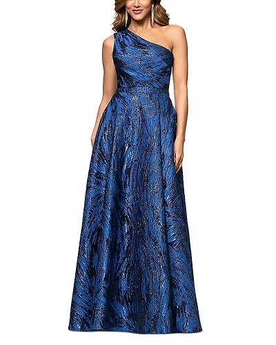 Aqua Long Brocade One Shoulder Ball Gown - Exclusive