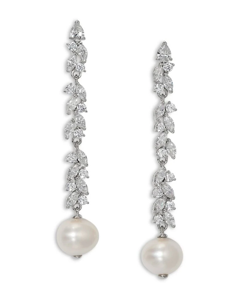 Sav Cubic Zirconia Cluster & Cultured Freshwater Pearl Linear Drop Earrings in Rhodium Plated