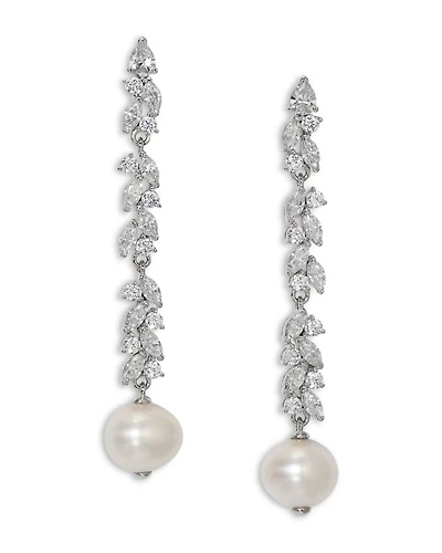 Sav Cubic Zirconia Cluster & Cultured Freshwater Pearl Linear Drop Earrings in Rhodium Plated