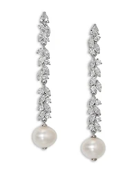 Sav Cubic Zirconia Cluster & Cultured Freshwater Pearl Linear Drop Earrings in Rhodium Plated