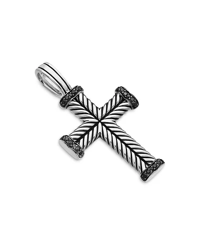 Men's Chevron Cross Pendant in Sterling Silver with Black Diamonds, 33.5mm