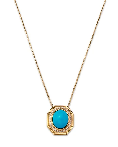 Turquoise & Diamond Halo Pendant Necklace in 14K Yellow Gold, 17.5"