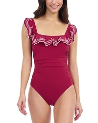 Profile by Gottex Lola Square Neck Ruffle Trim One Piece Swimsuit