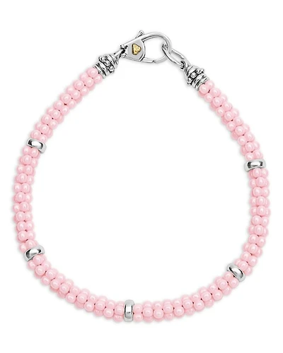 18K Yellow Gold & Sterling Silver Pink Caviar Ceramic Bead Bracelet