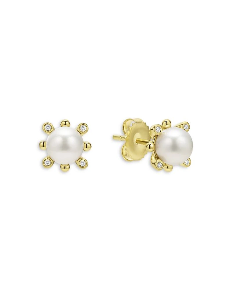 18K Yellow Gold Luna Cultured Pearl & Diamond Fleur Stud Earrings
