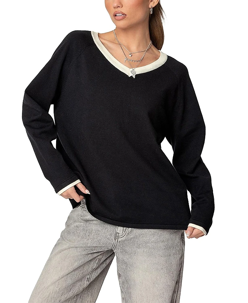 Edikted Contrast V Neck Knit Sweater
