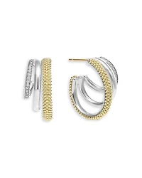 Two Tone Caviar Lux Three Ring Diamond Hoop Earrings, 0.16 tcw