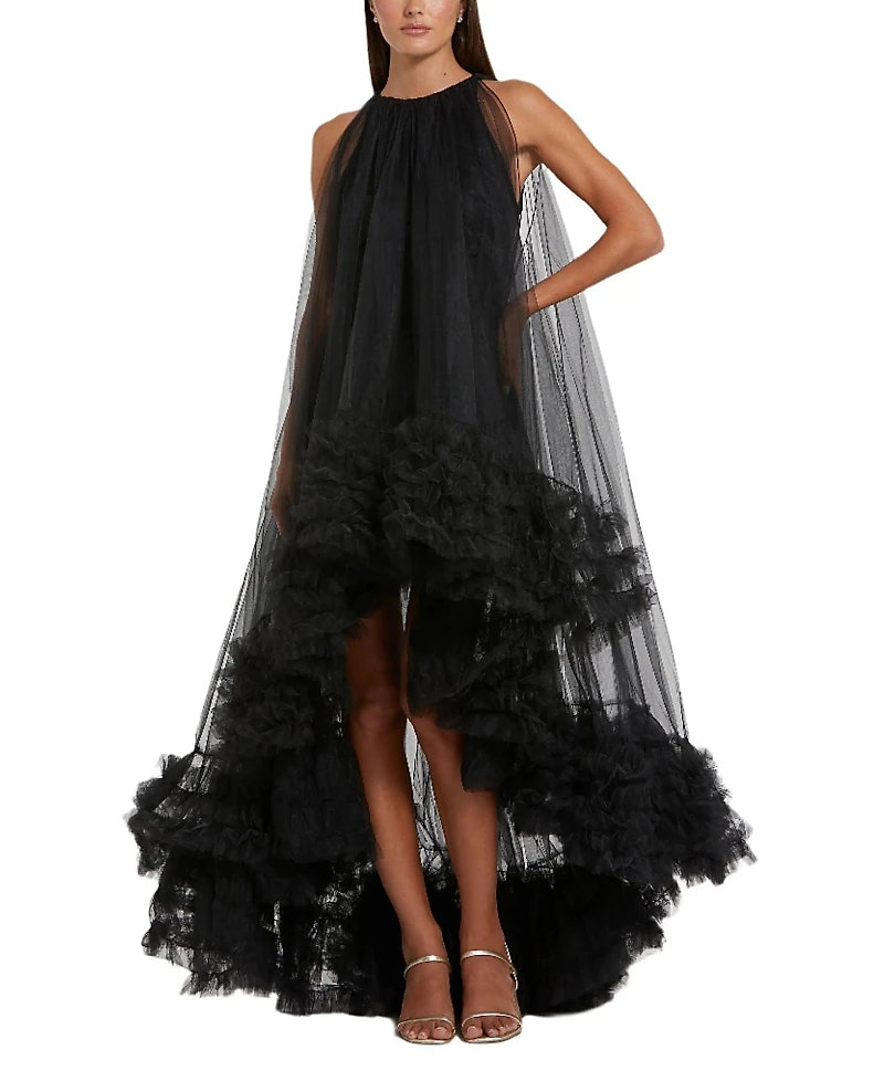 Mac Duggal Tulle High Neck Sleeveless Ruffled Hem Hi-Lo Gown