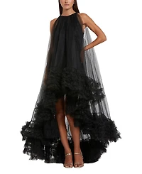 Mac Duggal Tulle High Neck Sleeveless Ruffled Hem Hi-Lo Gown