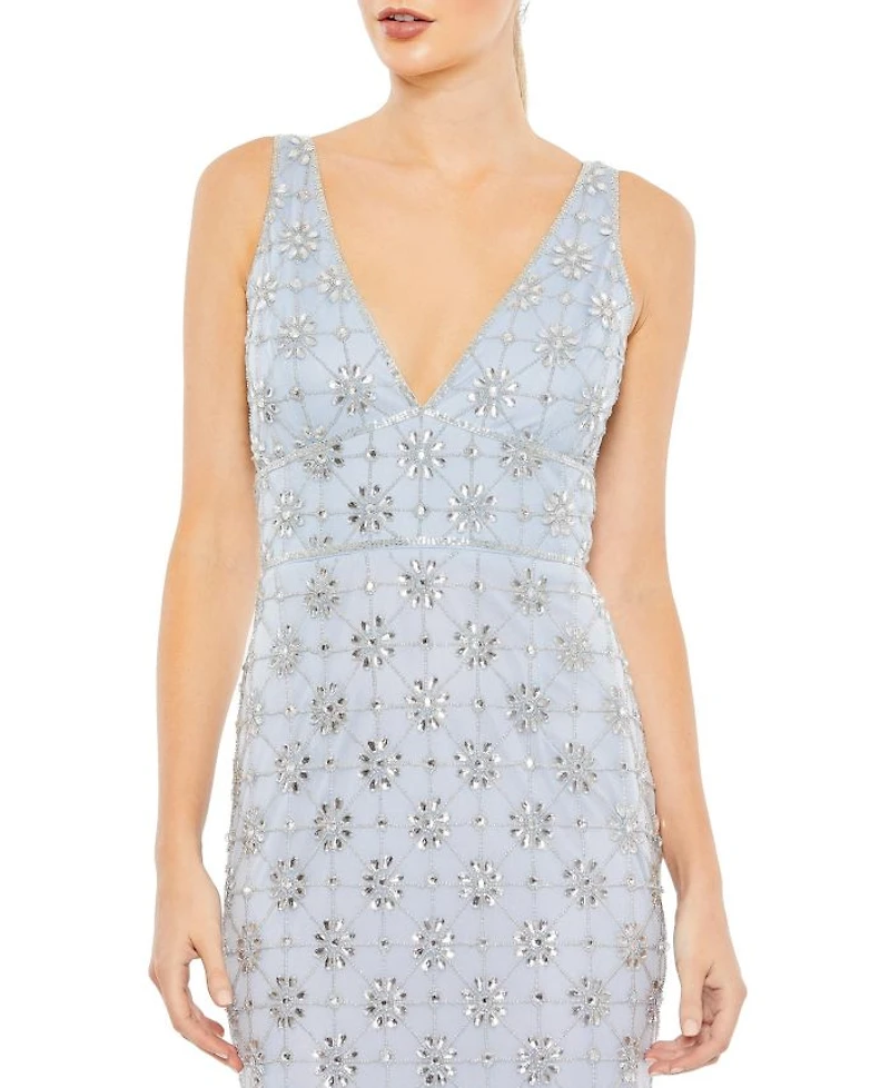 Embellished Mesh V Neck Sleeveless Gown