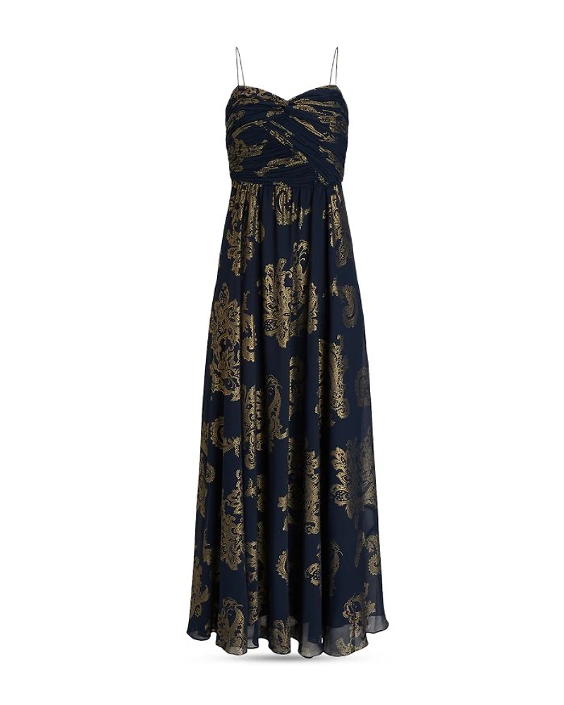 Paisley Foiled Chiffon Sleeveless Gown