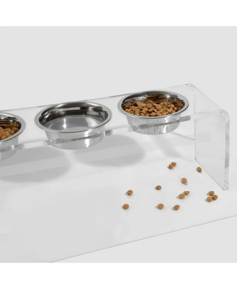 Tall Clear Triple Dog Bowl Feeder with 2 Quart Silver Bowls