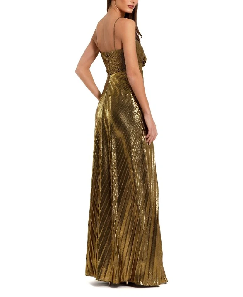 Thin Strap Pleated Metallic Gown with 3D Flower